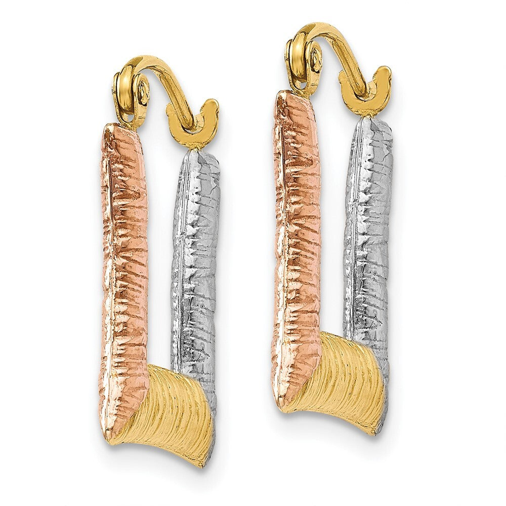 14k Yellow Gold & White & Rose Rhodium Hollow Textured Square Hoop Earrings
