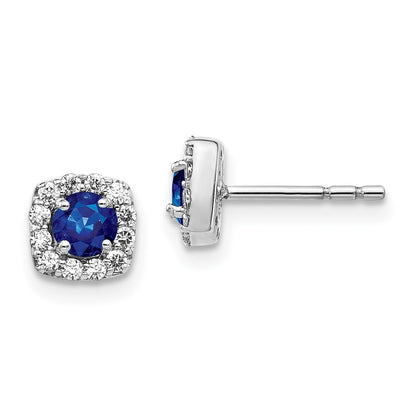 14k White Gold Diamond and Sapphire Square Halo Stud Earrings
