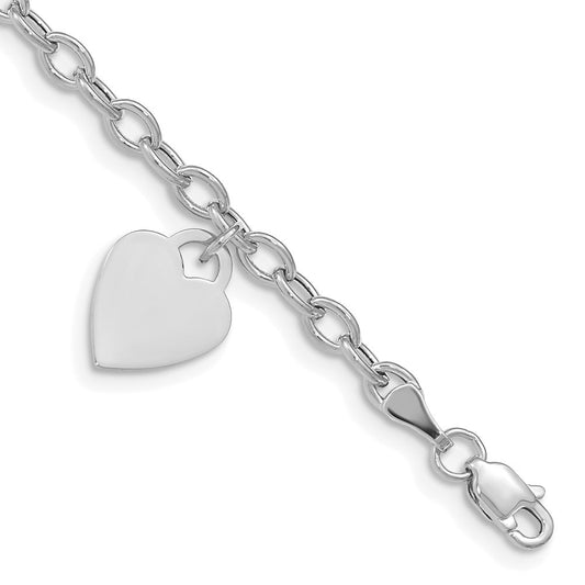 14k White Gold 14x10mm Solid Dangle Heart Charm and Hollow Chain Bracelet 8.5"