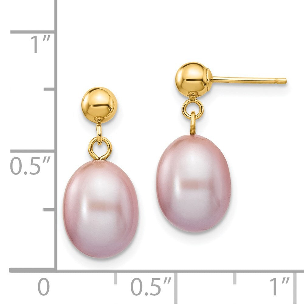 14k Yellow Gold 8-9mm Purple Rice Freshwater Cultured Pearl Dangle Earrings