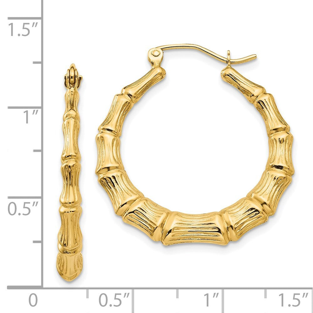 14k Yellow Gold Polished Bamboo Hoop Earrings Gift for Women