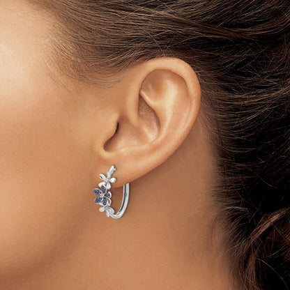 14k White Gold Diamond and Sapphire Hoop Earrings