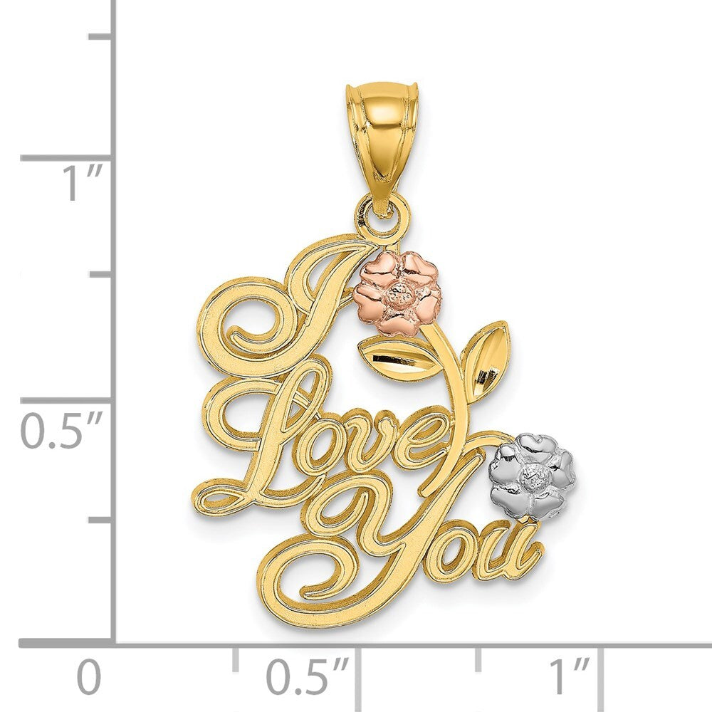 14k Two-tone Gold White Rhodium I LOVE YOU Flowers Charm Pendant