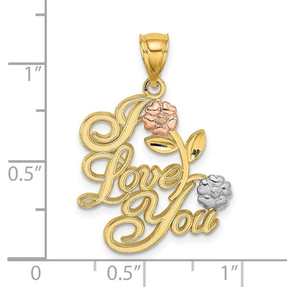 14k Two-tone Gold White Rhodium I LOVE YOU Flowers Charm Pendant