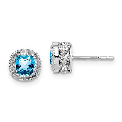 14k White Gold Cushion Blue Topaz and Diamond Stud Earrings
