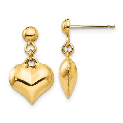 14k Yellow Gold Polished Puffed Heart Dangle Earrings Gift for Women
