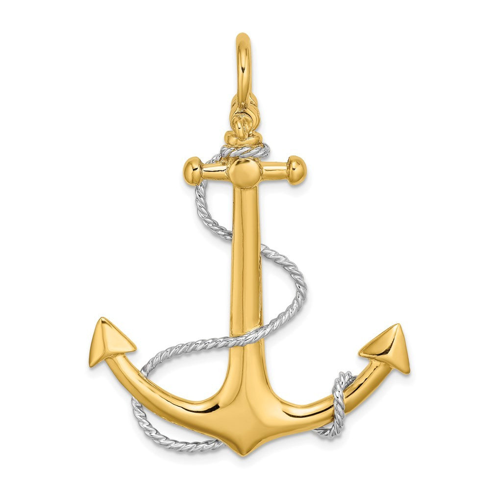 14k Yellow Gold w Rhodium 3-D Large Anchor w Rope and Shackle Bail Charm