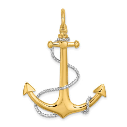 14k Yellow Gold w Rhodium 3-D Large Anchor w Rope and Shackle Bail Charm