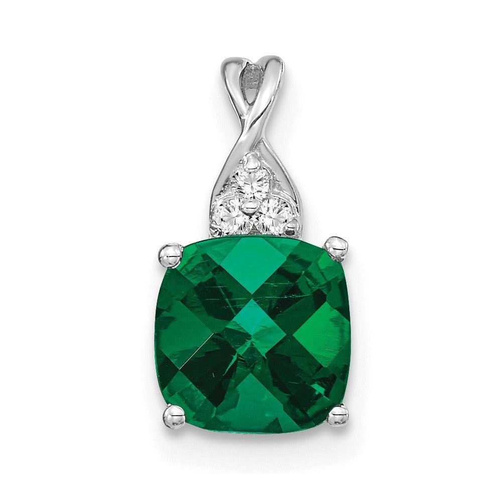 14K White Gold Checkerboard Created Emerald and Diamond Pendant