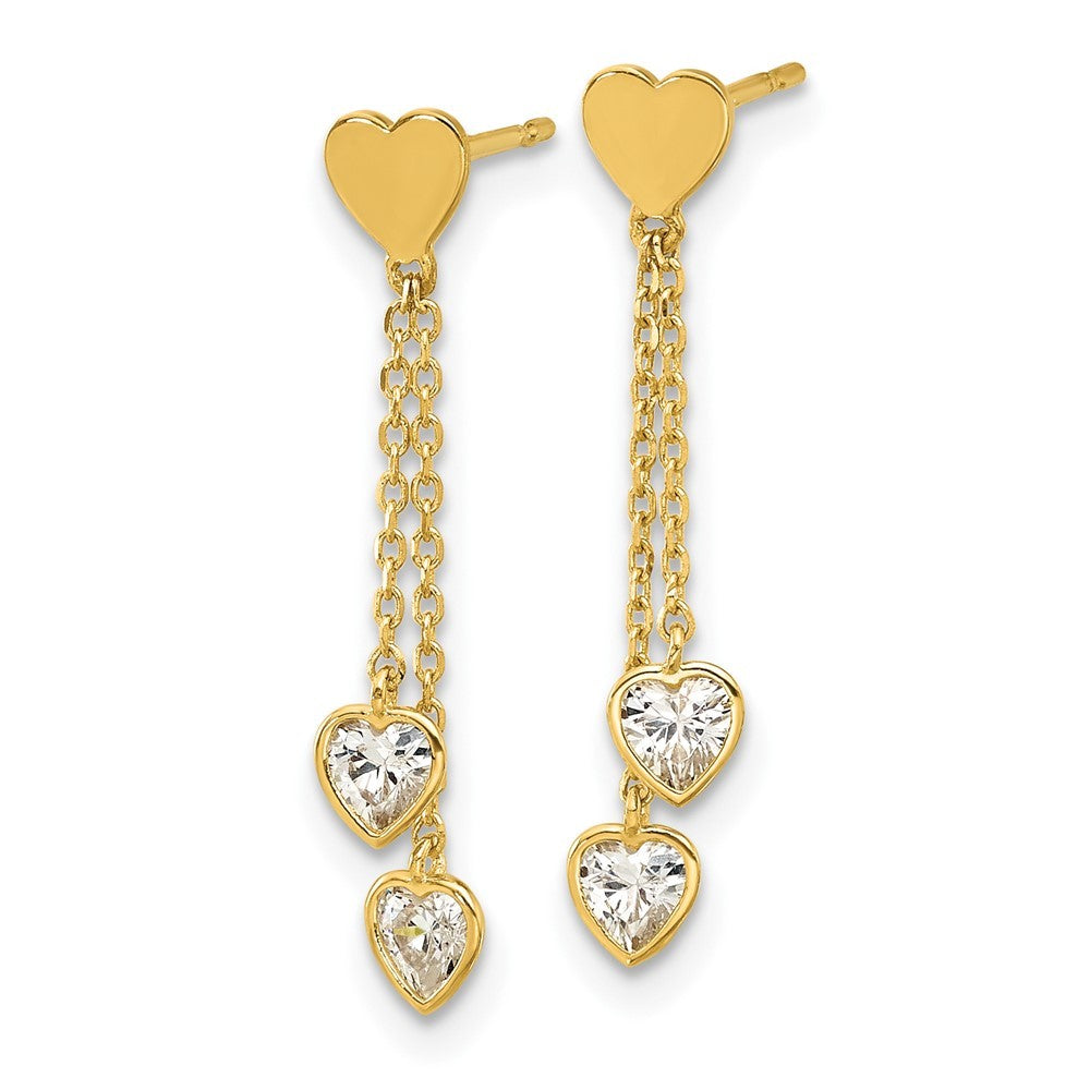 14k Yellow Gold Polished CZ Hearts Dangle Earrings