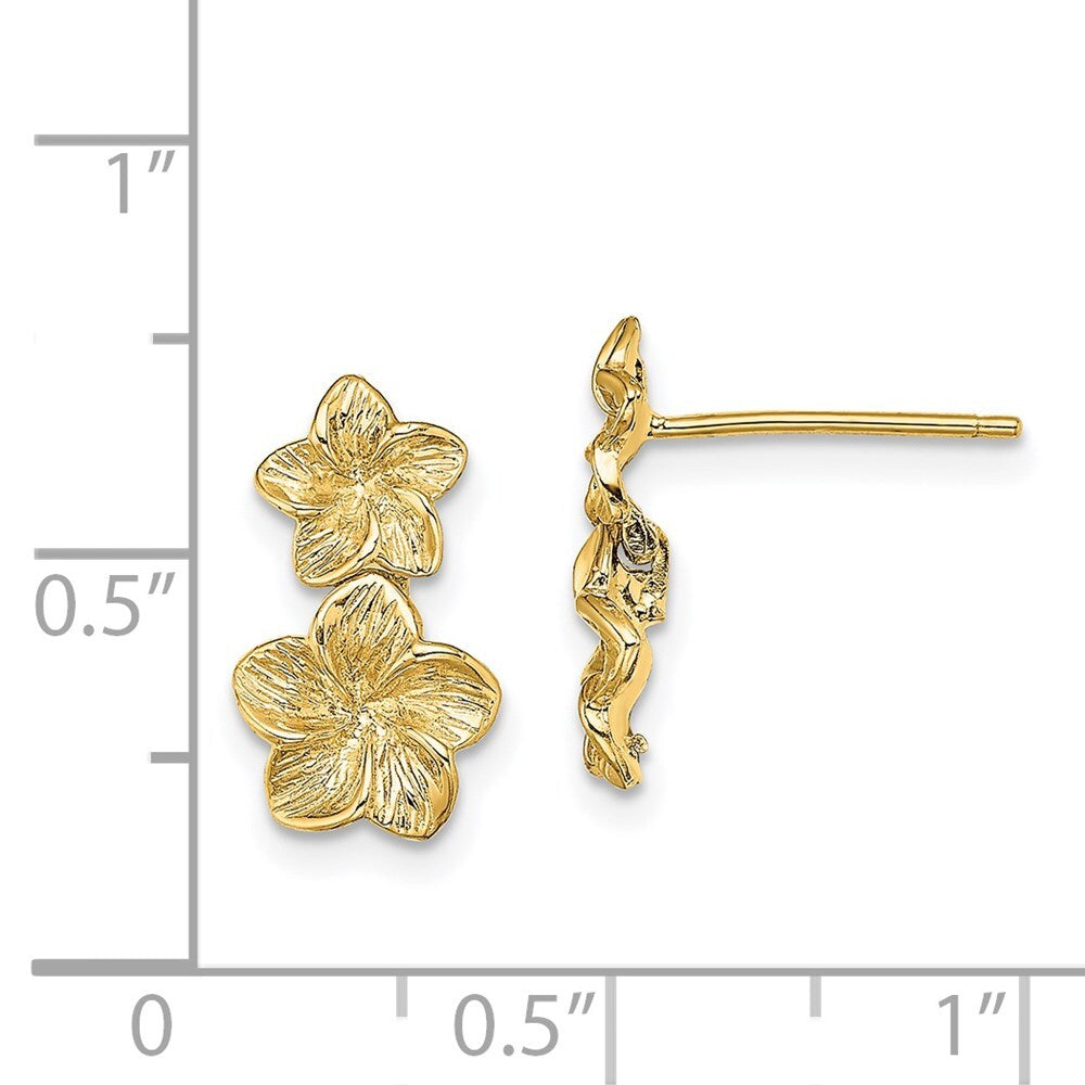 14k Yellow Gold Double Plumeria Flower Dangle Earrings Gift for Women