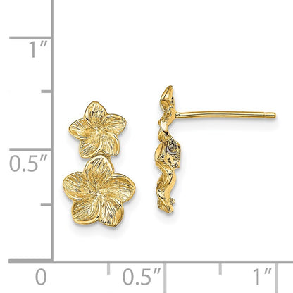 14k Yellow Gold Double Plumeria Flower Dangle Earrings Gift for Women