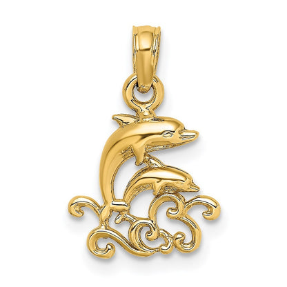 14k Yellow Gold Textured Mini Double Dolphins and Waves Charm
