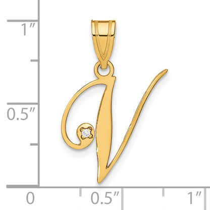 14k Yellow Gold Script Letter V Initial Pendant with Diamond