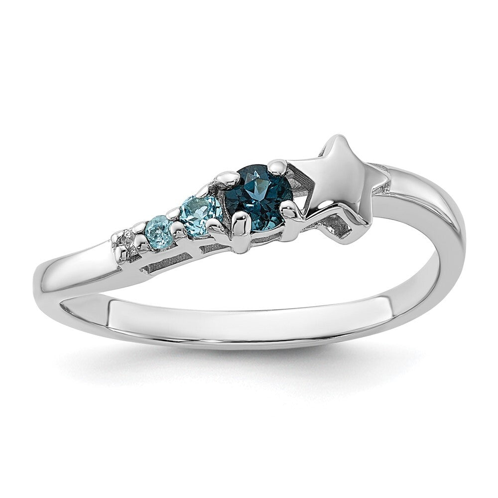SS Rhodium London and Lt Swiss Blue Topaz and CZ Star Curve Ring Size 7