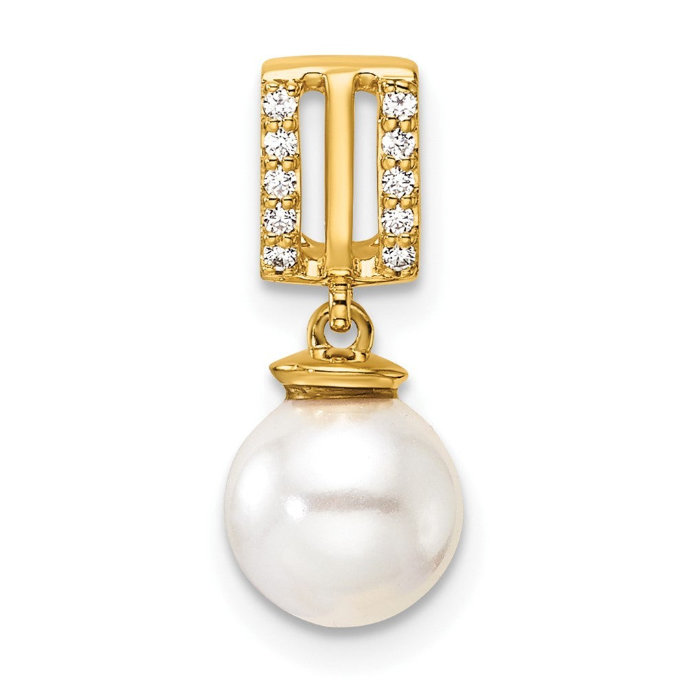 14k Yellow Gold  1/20 Ct Diamond & White Freshwater Cultured Pearl Chain Slide