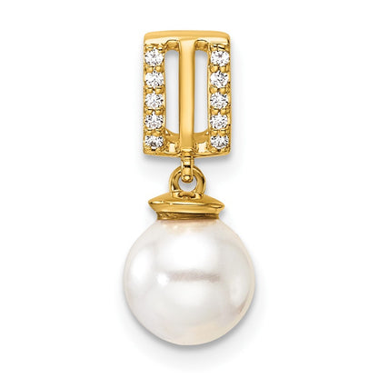 14k Yellow Gold  1/20 Ct Diamond & White Freshwater Cultured Pearl Chain Slide