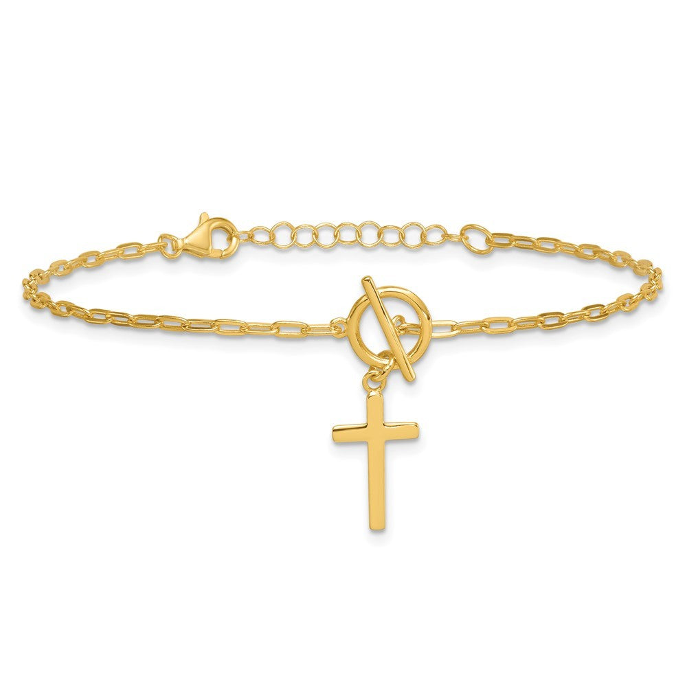 Sterling Silver Gold-tone  Cross Dangle Paperclip Link 6.5" with 1" Ext Bracelet
