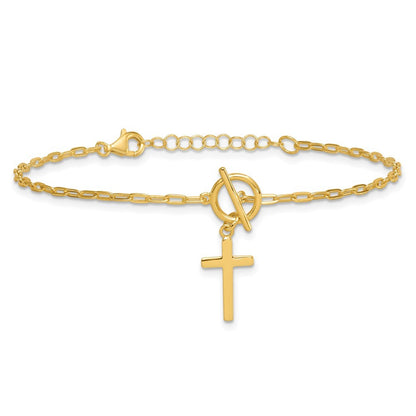 Sterling Silver Gold-tone  Cross Dangle Paperclip Link 6.5" with 1" Ext Bracelet