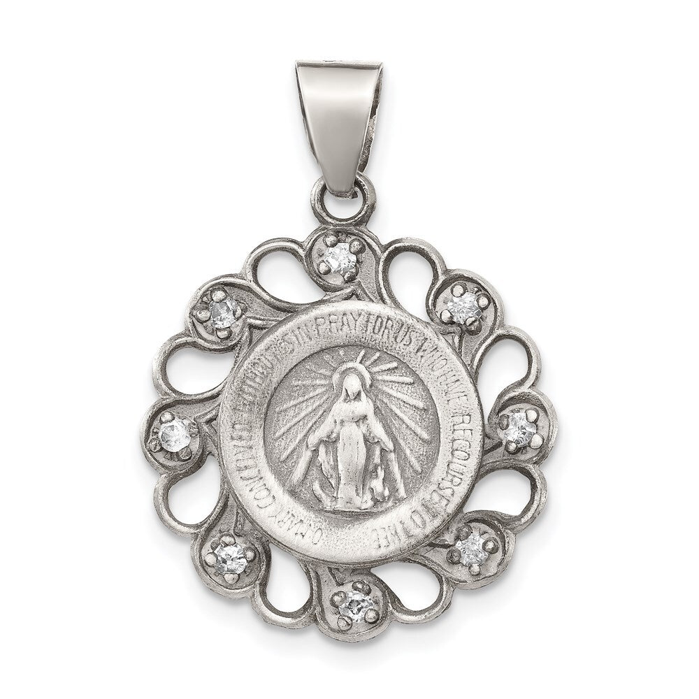 Sterling Silver & Cubic Zirconia Antiqued Blessed Mother Pendant