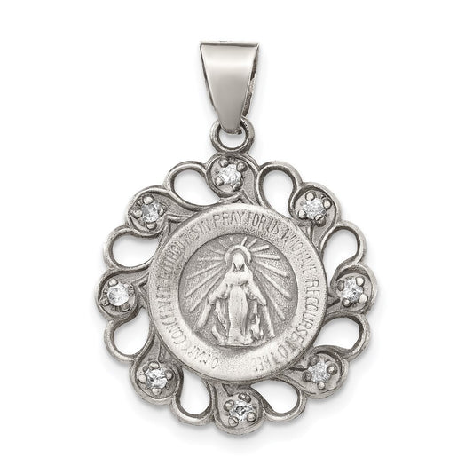 Sterling Silver & Cubic Zirconia Antiqued Blessed Mother Pendant