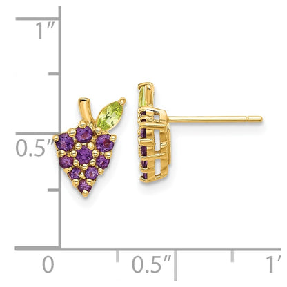 14k Yellow Gold Gold Amethyst and Peridot Grapes Stud Earrings Gift for Women