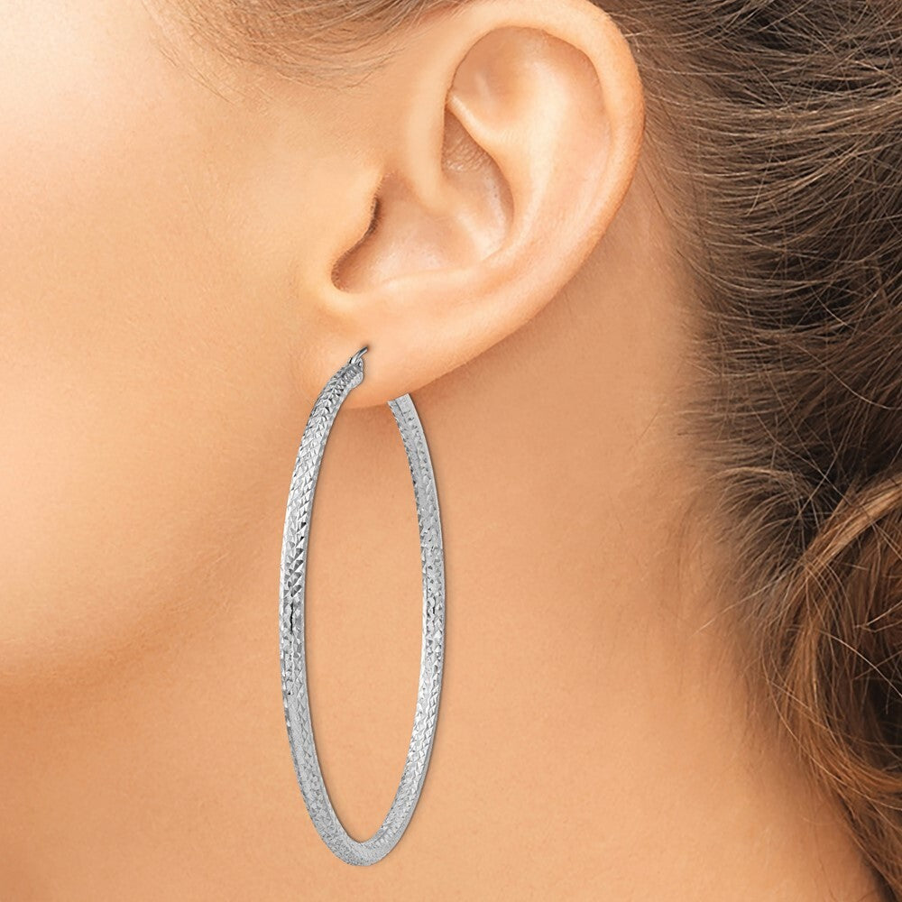 Sterling Silver Rhodium-plated Diamond-cut 3x65mm Hoop Earrings