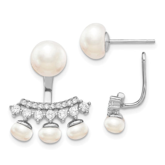 Sterling Silver 5-8mm Button Cultured Pearl and CZ Earrings with Earring Jackets