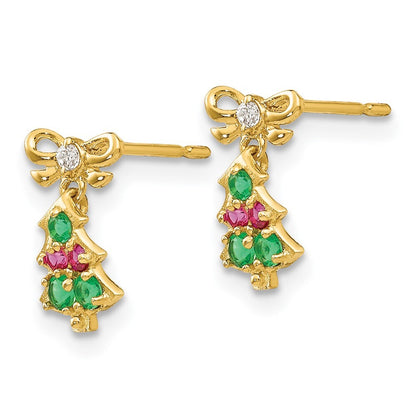 14k Yellow Gold Cubic Zirconia Children's Christmas Tree Dangle Earrings