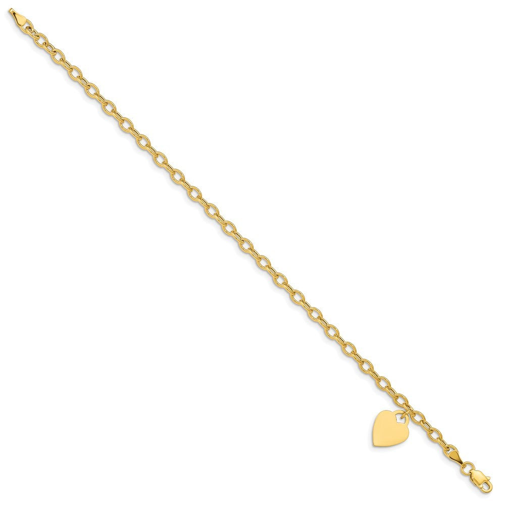 14k Yellow Gold 14x10mm Solid Dangle Heart Charm and Hollow Chain Bracelet 8.5"