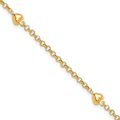 14k Yellow Gold Polished Puffed Heart 3-Station 9 inch Anklet