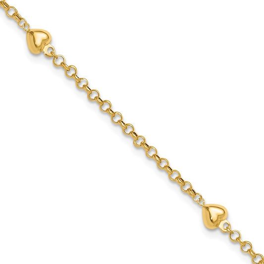 14k Yellow Gold Polished Puffed Heart 3-Station 9 inch Anklet