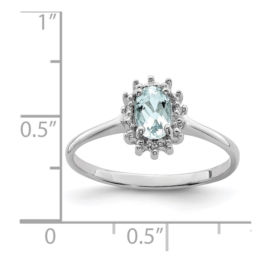 Sterling Silver Rhodium Aquamarine Diamond Ring Size 6
