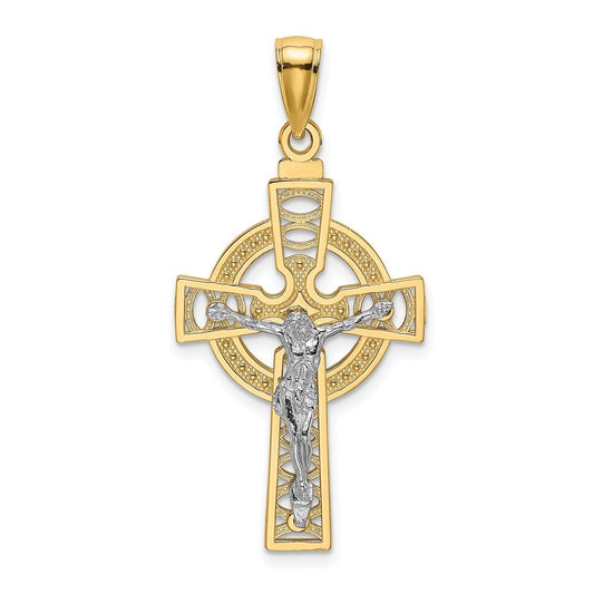 14k Two-tone Gold Celtic Crucifix  Eternity Circle Charm Pendant