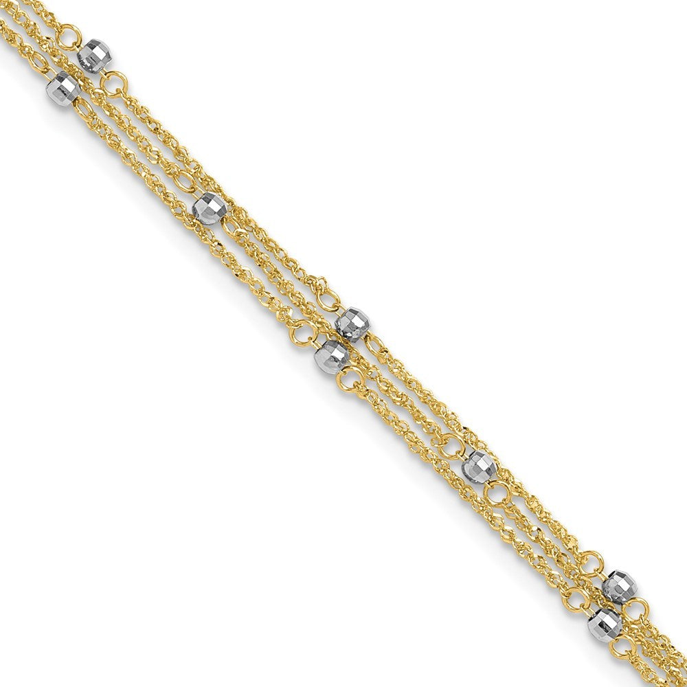 14k Two-tone 3-Strand Chain with Mirror Beads 10" Anklet