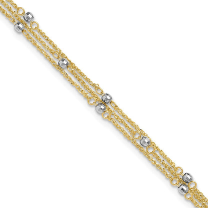 14k Two-tone 3-Strand Chain with Mirror Beads 10" Anklet