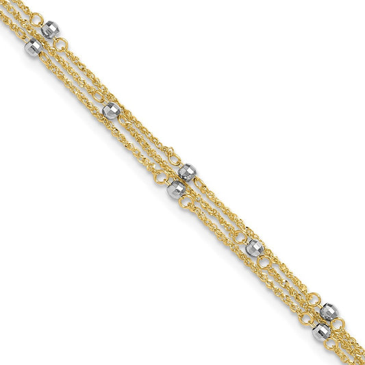 14k Two-tone 3-Strand Chain with Mirror Beads 10" Anklet
