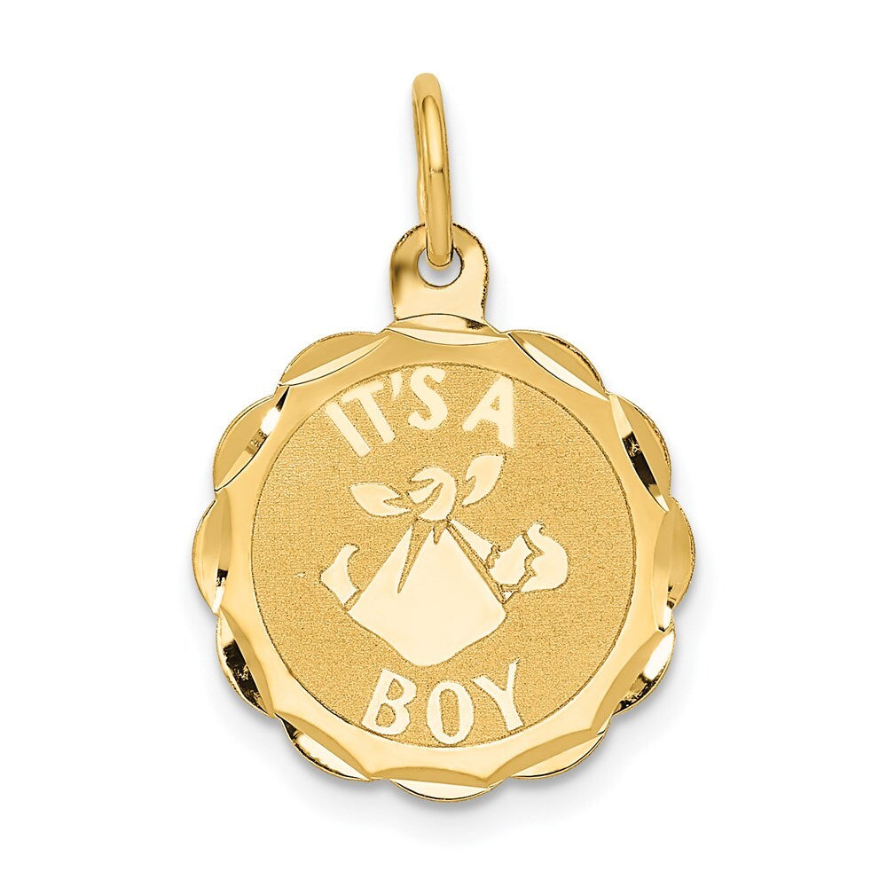 14k Yellow Gold Polished IT'S A BOY Scalloped Disc Charm Pendant for Women