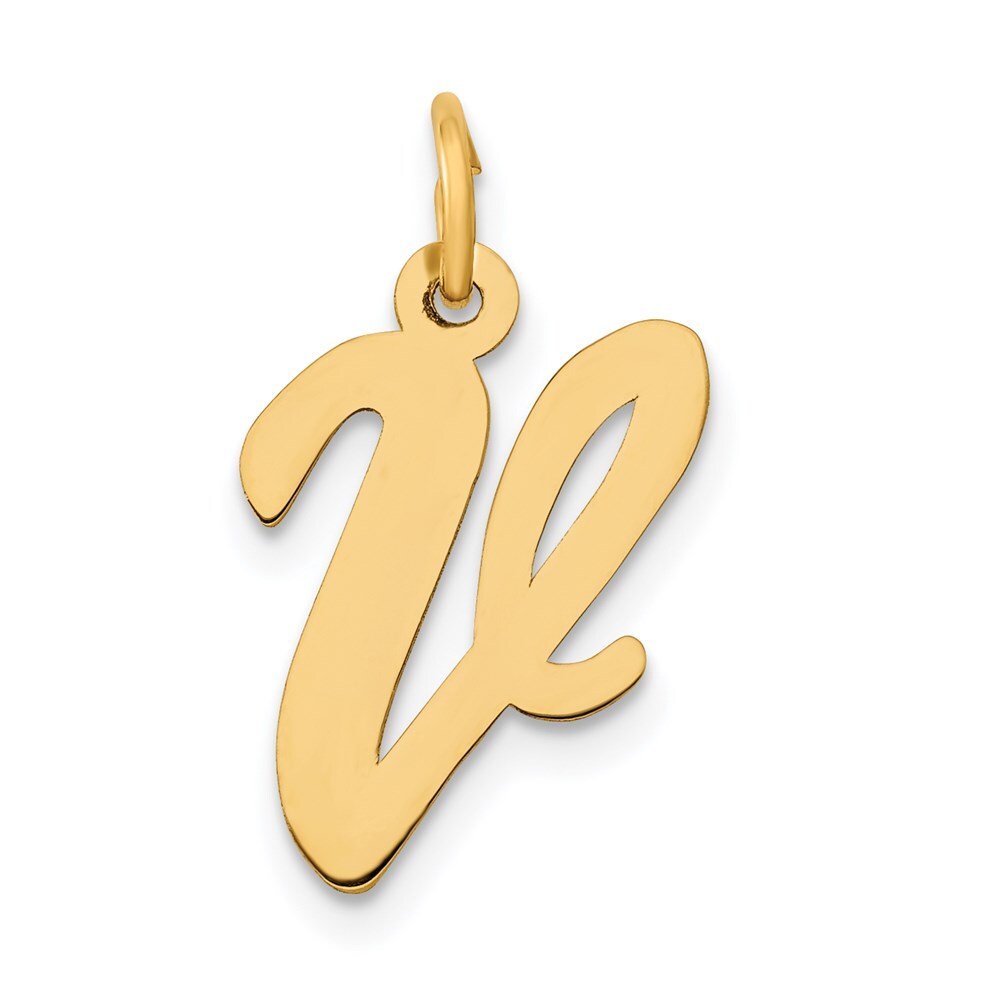 14k Yellow Gold Medium Script Letter V Initial Charm Pendant for Women