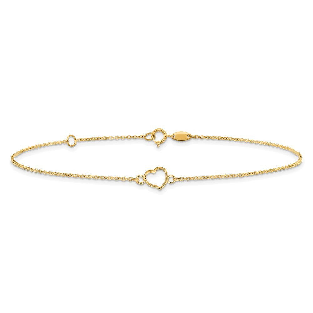 14k Yellow Gold Textured and Polished Open Heart 10" Anklet