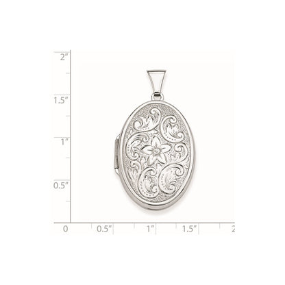 Sterling Silver Rhodium-plated Reversible Floral Swirl Oval Locket
