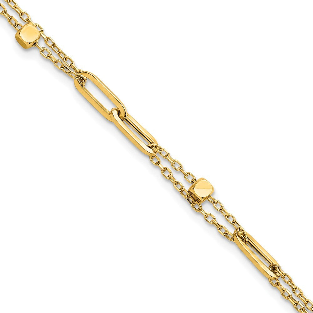 14k Yellow Gold  and Beaded 2-Strand with Fancy Paperclip Link 7.5" Bracelet
