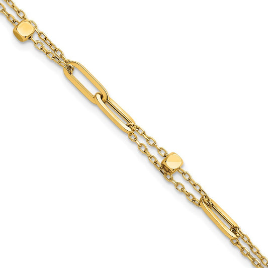 14k Yellow Gold  and Beaded 2-Strand with Fancy Paperclip Link 7.5" Bracelet