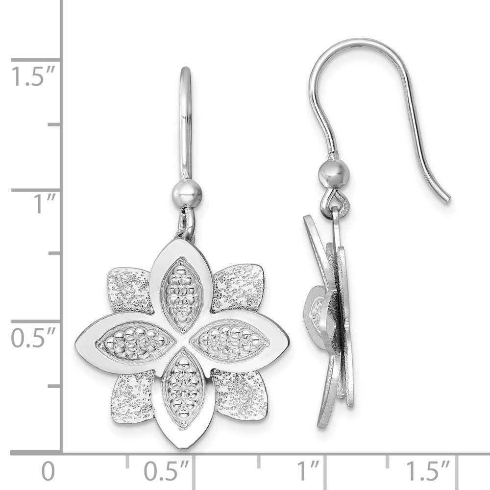 Sterling Silver Polished Brushed & Textured Flower Shepherd Hook Dangle Earrings