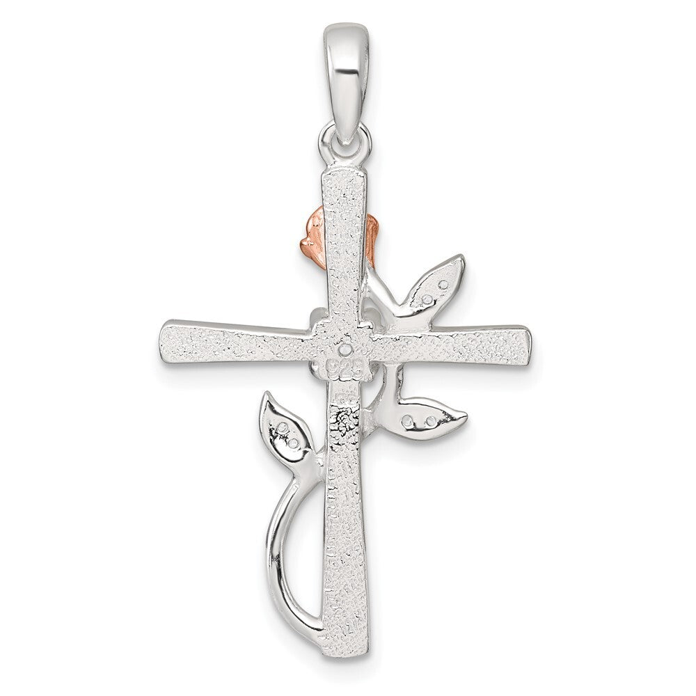 Sterling Silver Rose-tone Cubic Zirconia Cross with Rose Pendant