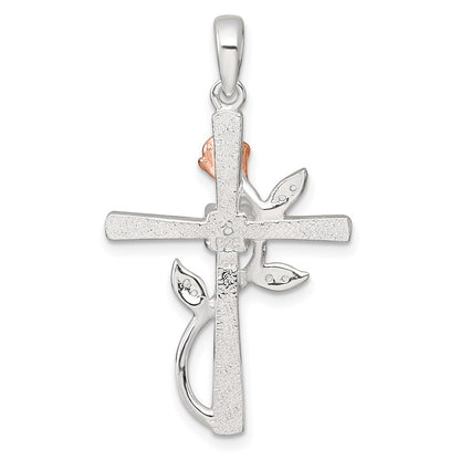 Sterling Silver Rose-tone Cubic Zirconia Cross with Rose Pendant