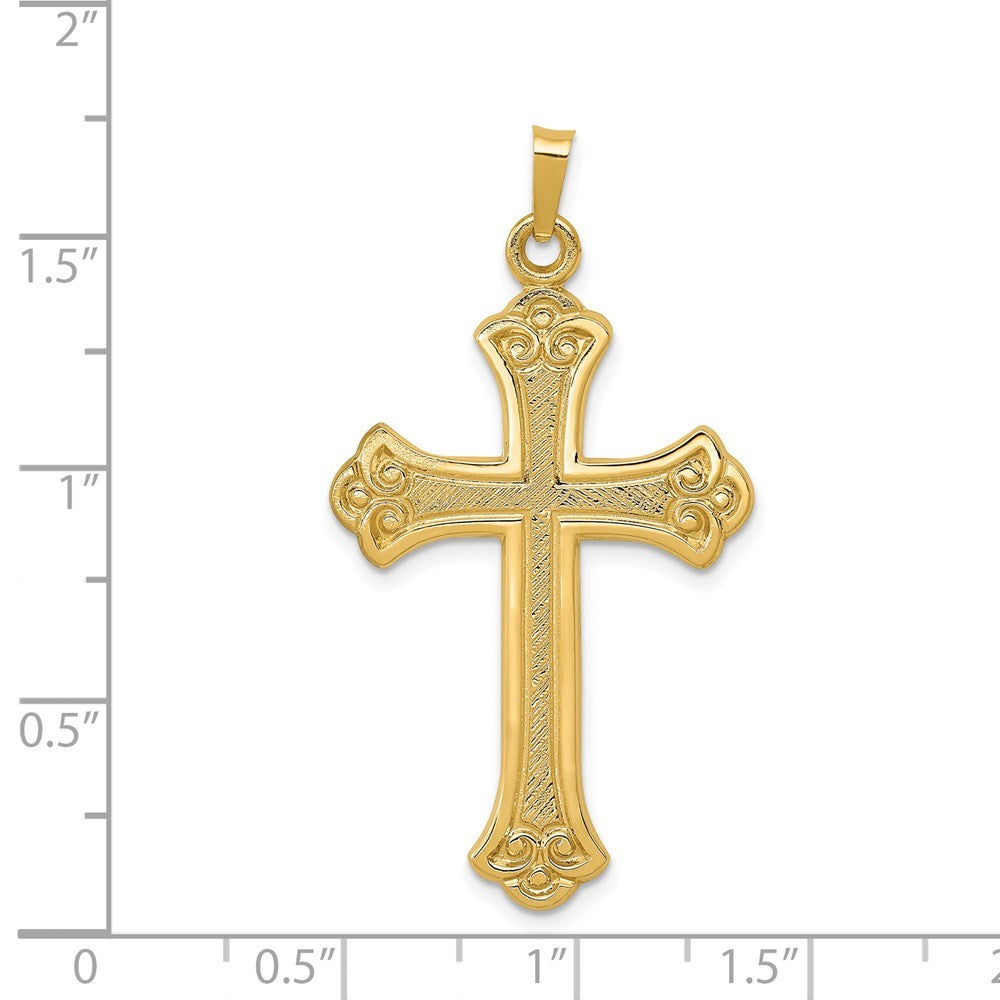 14k Yellow Gold Textured and Polished Fleur de lis Cross Pendant
