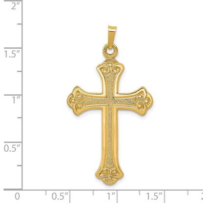 14k Yellow Gold Textured and Polished Fleur de lis Cross Pendant