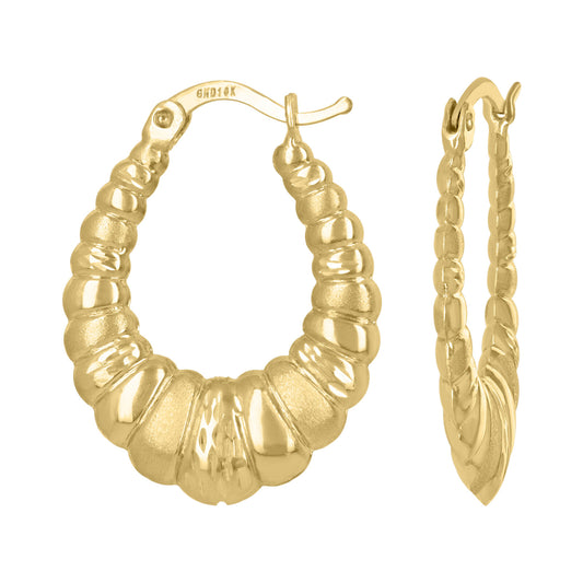 10kt Yellow Gold Brushed Ribbed Oval Hoop Earrings