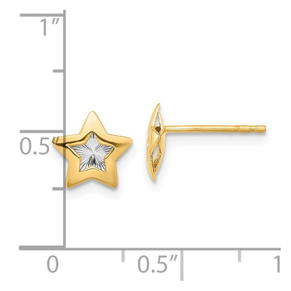14k Yellow Gold with Rhodium Polished and Textured Star Stud Earrings